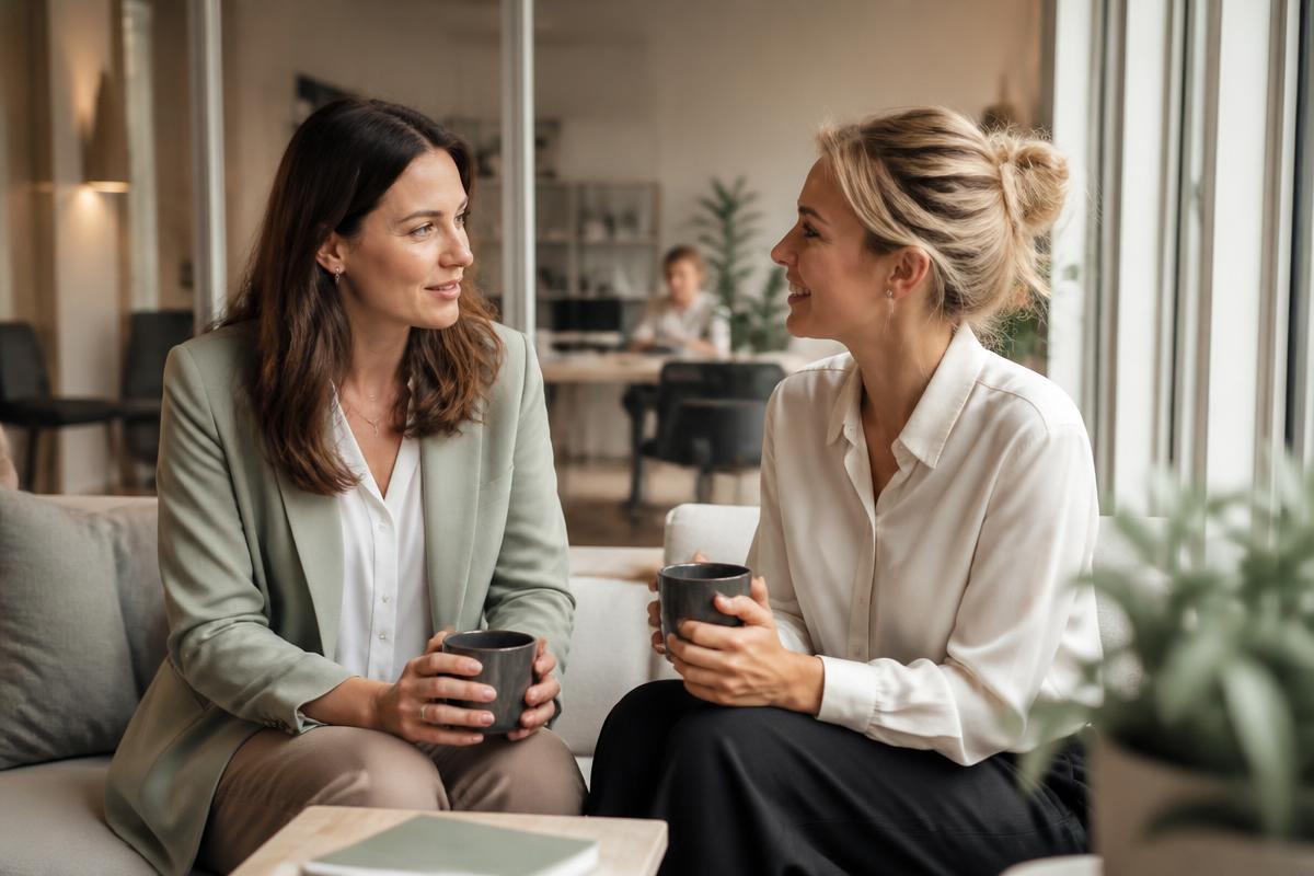 Två personer i samtal över en kopp kaffe i ett ljust kontor
