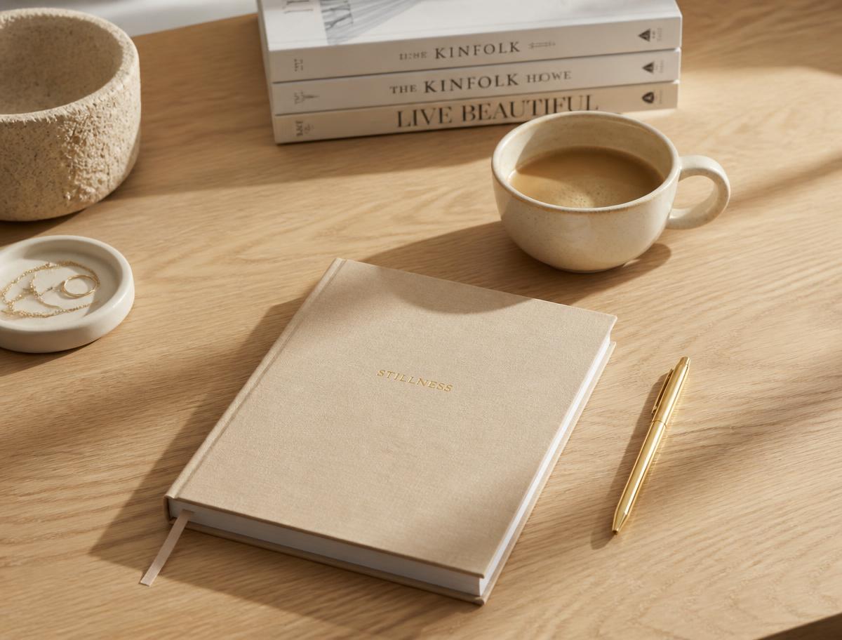 Skrivbord med anteckningsbok och kaffe i varmt dagsljus