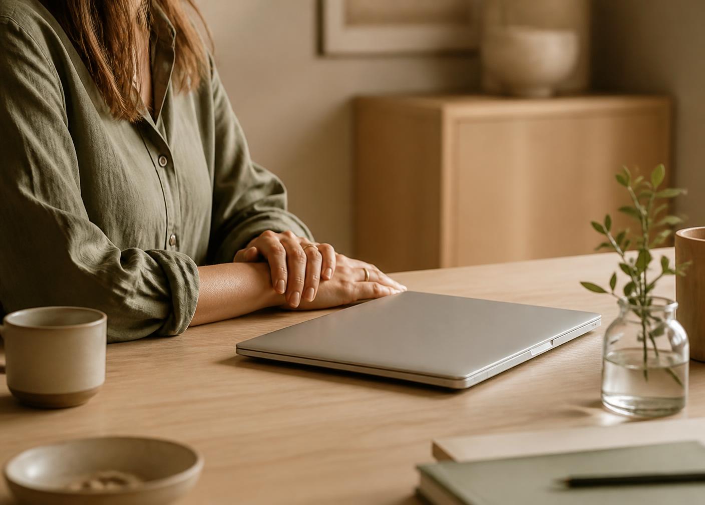 Händer som vilar vid en stängd laptop i varmt dagsljus